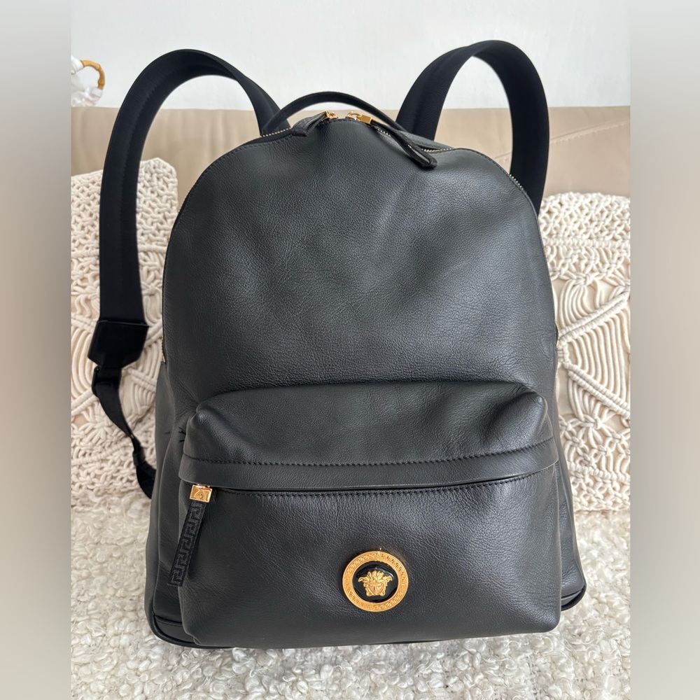 VERSACE Backpack Leather Black Gold Auth